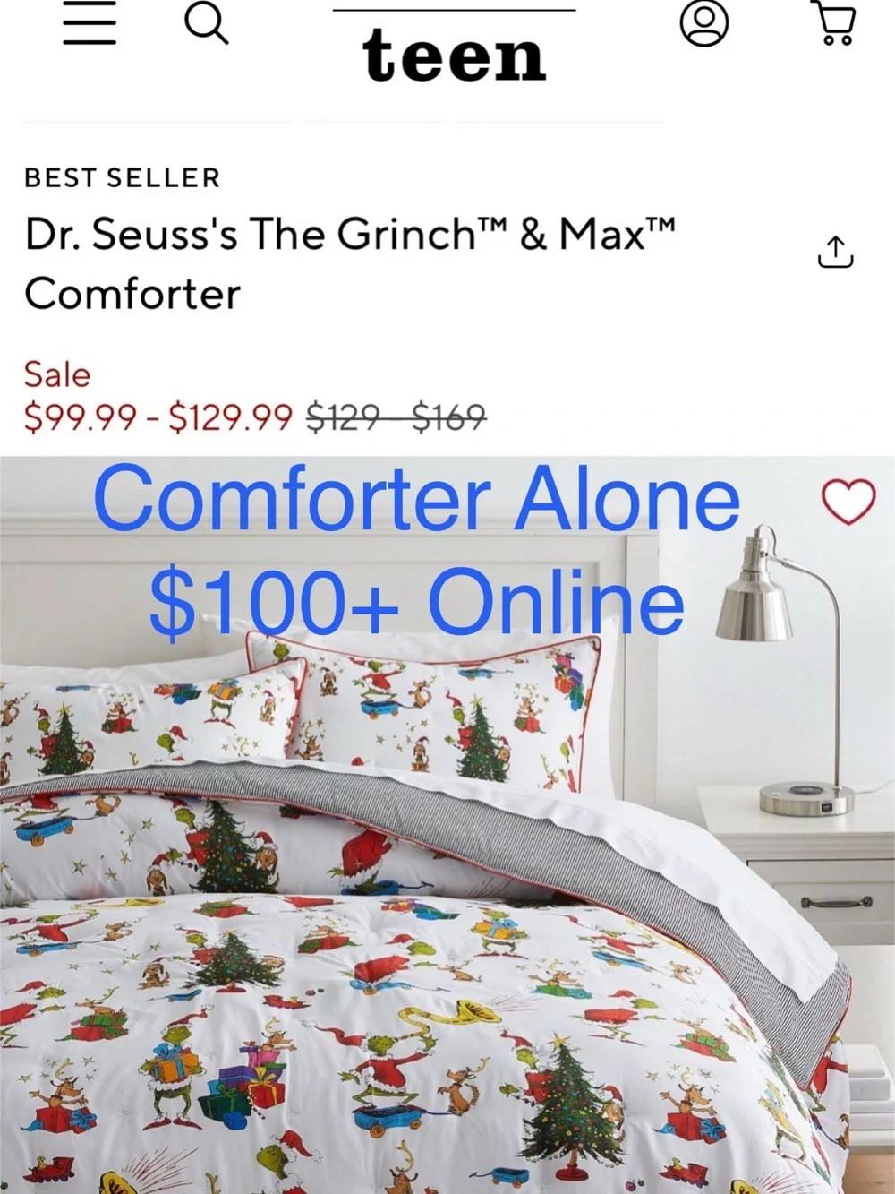 Pottery Barn GRINCH Flannel Queen/Full Duvet Cover + 2 Matching Euro Shams